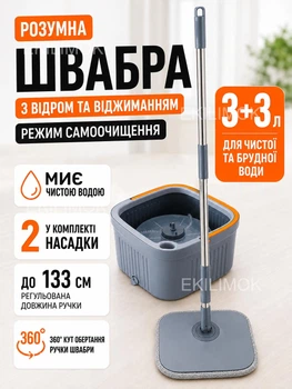 Турбо швабра с отжимом и ведром на 6 л с автоматическим полосканием и центрифугой набор для уборки дома, мытья полов, окон, стен, 2 мопа в комплекте