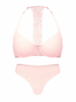 Гладкий комплект белья Victoria's Secret лиф Push-Up с кружевом и трусики тонг 1161229218 (Розовый 38B/L)
