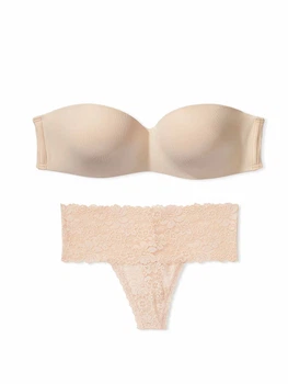 Комплект белья Victoria's Secret PINK лиф Push-up и кружевные трусики тонг 1161304269 (Бежевый 32B/S)