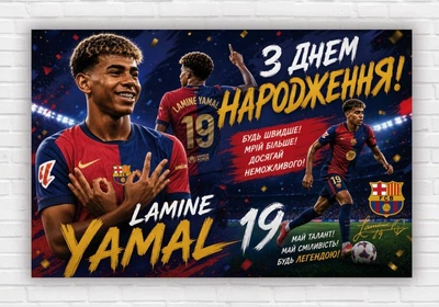 Бумажный плакат "Ламин Ямаль. Lamine Yamal. С днем рождения", 115х75 см