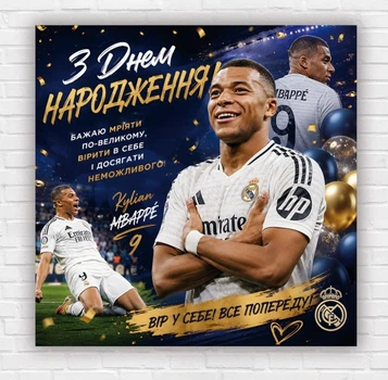 Бумажный плакат "Килиан Мбаппе. Kylian Mbappe. С днем рождения", 100х100 см