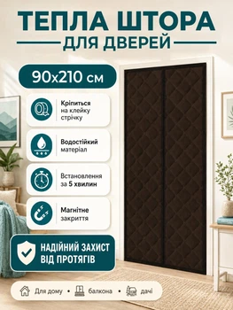 Теплоізоляційна штора на магнітах на двері захист від холоду, пилу, протягів 90×210 см Коричневий (THERMAL-90x210BR)