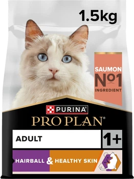 Сухой корм для взрослых кошек Purina Pro Plan Adult 1+ Hairball & Healthy Skin для уменьшения образования комочков шерсти в пищеварительном тракте и для поддержания здоровой кожи, с лососем 1.5 кг (7613036529150)