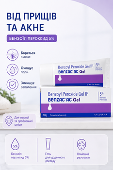 Бензак AC Gel 5% Galderma — бензоїл пероксид від акне та прищів, 20 г | Benzac