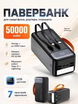 Повербанк 50000 mah 22.5W Qinetiq RQ-50 с LED дисплеем и быстрой зарядкой PD/QC 3 порта кабель Type-C в комплекте powerbank 50 000 павербанк для телефона apple айфона iphone самсунг samsung роутера универсальный павер банк с фонариком + кабель gray