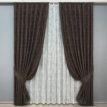 Комплект штор з тюлем VR-Textil Жакард Мармур, венге з білим, 2 штори 100×270 см + тюль 300×270 см, арт. 71-191/1