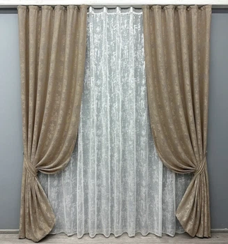 Комплект штор с тюлем VR-Textil Жаккард Мрамор, капучино с белым, 2 шторы 100×270 см + тюль 400×270 см, арт. 71-005/2