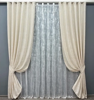 Комплект штор з тюлем VR-Textil Жакард Мармур, молочний з білим, 2 штори 100×270 см + тюль 400×270 см, арт. 71-021/2