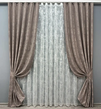 Комплект штор з тюлем VR-Textil Жакард Мармур, какао з білим, 2 штори 200×270 см + тюль 600×270 см, арт. 71-008/7