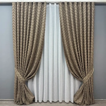 Комплект штор з тюлем VR-Textil Льон Букле, какао з білим, 2 штори 150×270 см + тюль 400×270 см, арт. 71-041/3