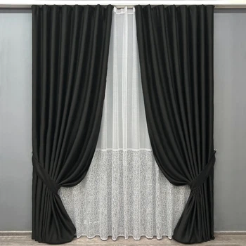 Комплект штор з тюлем VR-Textil Блекаут Bagema Rvs, чорний з білим, 2 штори 100×270 см + тюль 300×270 см, арт. 71-169/1