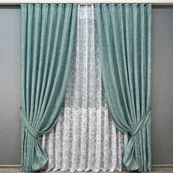 Комплект штор с тюлем VR-Textil Жаккард Мрамор, бирюзовый с белым, 2 шторы 100×270 см + тюль 300×270 см, арт. 71-185/1