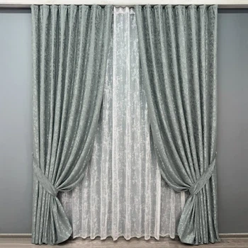 Комплект штор з тюлем VR-Textil Льон Мармур, сірий з білим, 2 штори 100×270 см + тюль 300×270 см, арт. 71-134/1