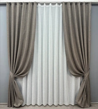 Комплект штор с тюлем VR-Textil Лен Мешковина, серый с белым, 2 шторы 100×270 см + тюль 300×270 см, арт. 71-029/1