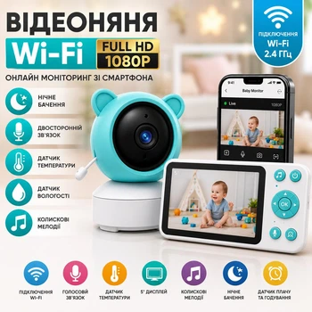 Видеоняня, радионяня с камерой Full HD Wi-Fi, LCD-монитор 5", ночное видение