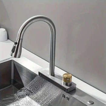 Смеситель для кухни Mixxus FOL-014 Graphite (цвет графит) с выдвижной лейкой и функцией "водопад" из нержавеющей стали