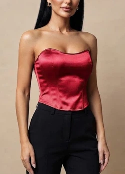 Атласний корсетний топ без бретелей s/m червоний (40r012)