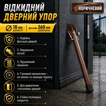 Відкидний дверний упор 18×260 мм металевий з гумовим наконечником для дерев’яних і металевих дверей коричневий