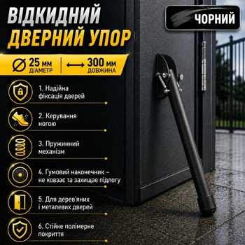 Відкидний дверний упор 25×300 мм металевий з гумовим наконечником для дерев’яних і металевих дверей чорний