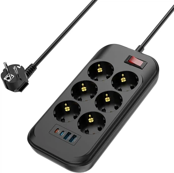 Мережевий фільтр-подовжувач СolorWay 6 розеток / 4USB (Type-C 2PD20W + 3USB QC3.0) (20W) 2 м Black (CW-CHE64PDB)