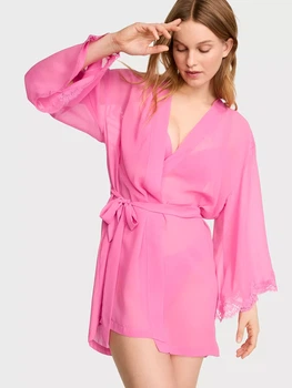 Халат з шифону та мережива Victoria's Secret Satin Midi Robe рожевий S