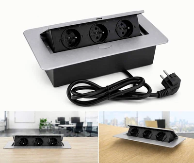 Врезная розетка скрытого монтажа в столешницу 220V с кабелем и крышкой Silver