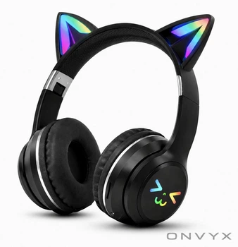 Беспроводные наушники Onvyx BT612I с кошачьими ушками, RGB-подсветкой, Bluetooth 5.3, FM-радио, MicroSD, AUX, складные Black