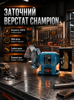 Заточний верстат CHAMPION CP-4014 двокруговий 1250 Вт 150 мм зі шліфувальним кругом і полірувальною щіткою для заточування інструменту