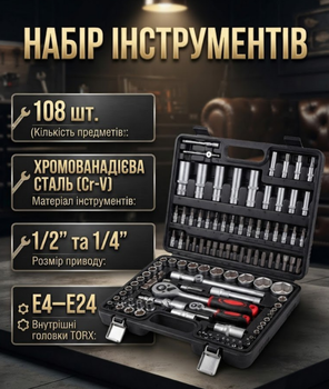 Набор инструментов ONEX OX250S 108 предметов 1/2 и 1/4 дюйма Cr V в пластиковом кейсе с трещотками битовыми головками и удлинителями