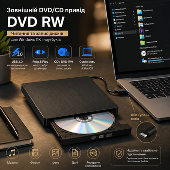 Зовнішній DVD-RW дисковод USB 3.0 + Type-C для ноутбука та ПК | CD/DVD привід, запис і читання, Plug&Play