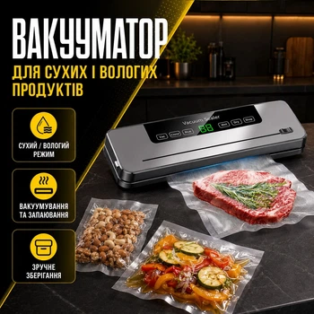 Вакуумний пакувальник для продуктів + 10 пакетів вакууматор із вбудованим різаком та дисплеєм