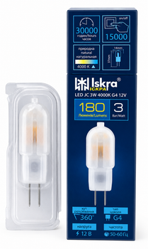 LED лампа ISKRA JC 3 Вт 4000K G4 12V, нейтральный белый свет, для точечных и декоративных светильников ISK-JC-3W-4000K-G4-12V