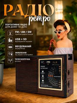 Радиоприемник с аккумулятором и флешкой USB/SD, портативное FM AM SW радио от сети 220 В и батареек R20, ретро