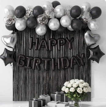 Фотозона набор шаров Черный стиль со шторкой и фольгированной надписью Happy Birthday