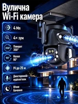 Уличная WiFi камера видеонаблюдения два объектива 4 Мп с инфракрасной подсветкой 4-кратным зумом и двусторонней аудиосвязью