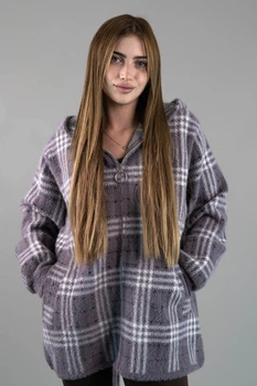 Жіноча кофта з альпаки лілова в клітинку з капюшоном one size (2631275)