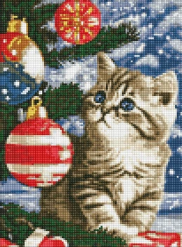 Алмазная мозаика Котенок под елкой с голограммными стразами (AB) ©art_selena_ua 30x40 AMO7787 Идейка