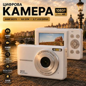 Цифровая камера DC403 44МП 1080P FHD: компактный фотоаппарат, 16x зум, карта памяти 32 ГБ