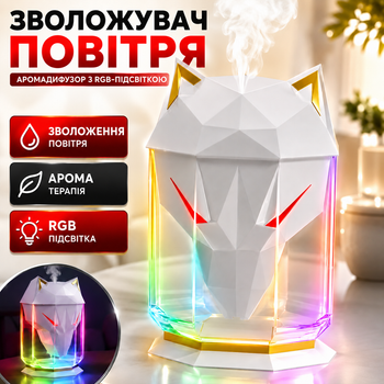 Увлажнитель воздуха аромадиффузор ультразвуковой с RGB подсветкой резервуар 650 мл USB Type-C хлопковый фильтр тихая работа до 36 дБ для дома офиса спальни ароматерапии Billow Wolf в форме головы волка