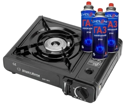 Туристическая газовая горелка плита с пьезоподжигом с кейсом Happy home BDZ-155A + 3 баллона (1756375589)