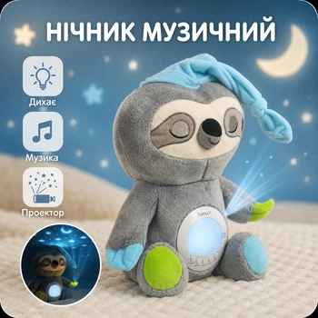 Ночник музыкальный в виде мягкой игрушке Ленивец сплюшка