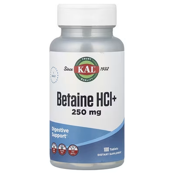 Бетаина гидрохлорид KAL Betaine HCl+ 100 таблеток, с пепсином для расщепления белка