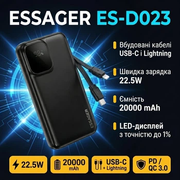 Повербанк Essager 20000 mAh, 22.5W, вбудовані кабелі USB-C і Lightning, чорний (ES-D023)