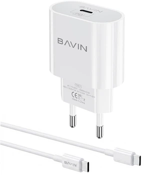 Сетевое зарядное устройство Bavin PC851Y-СС PD 20W Type-C + кабель Type-C/Type-C 60W White (C-PC851Y-CC WH)