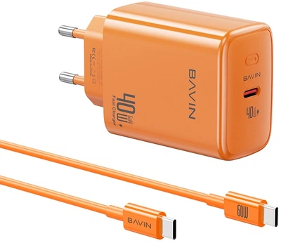 Мережевий зрядний пристрій Bavin PC2092Y-СС GaN PD 40W Type-C + кабель Type-C/Type-C 60W Orange (C-PC2092Y-CC OG)