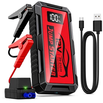 Пуско-зарядний пристрій Бустер PSooo PS-212 1000A / 22 800 mAh с умными зажимами, LED-фонарём и Power Bank — портативный литиевый джамп-стартер для бензиновых и дизельных двигателей RED
