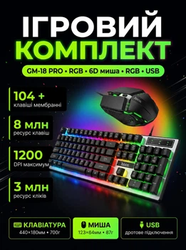 Клавиатура игровая проводная с LED подсветкой и оптической мышкой GM-I8 Pro RGB USB для Windows/MAC