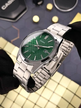 Мужские наручные часы Casio MTP-VD03D-3A1 серебристые с зеленым циферблатом