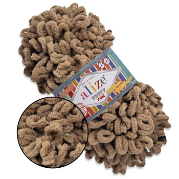 Alize Puffy Fine, Бисквитный беж №466 (100г/14м) плюшевая нитка с готовыми петлями для вязания руками пледа игрушек и балаклавы, Ализе Пуффи Файн