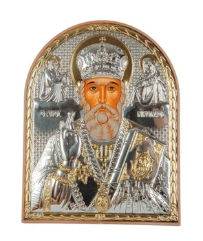 Срібна ікона "Святий Миколай Чудотворець" аркової форми на пластиковому кіоті 11х9см Silver Axion (ep3-009pag)